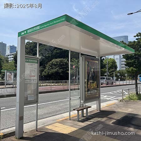 ビル前のバス停：東京海洋大学本部前